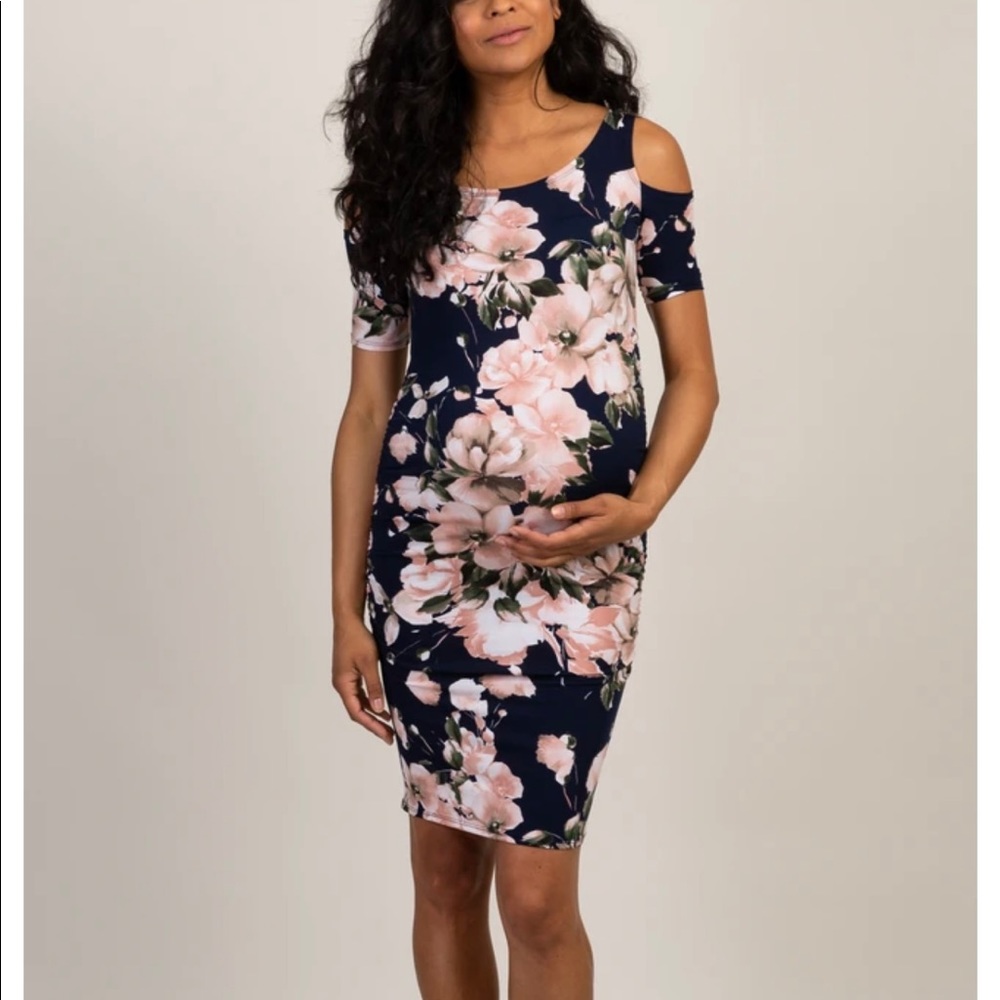 Navy Floral Ruched Cold Shoulder Maternity Dress